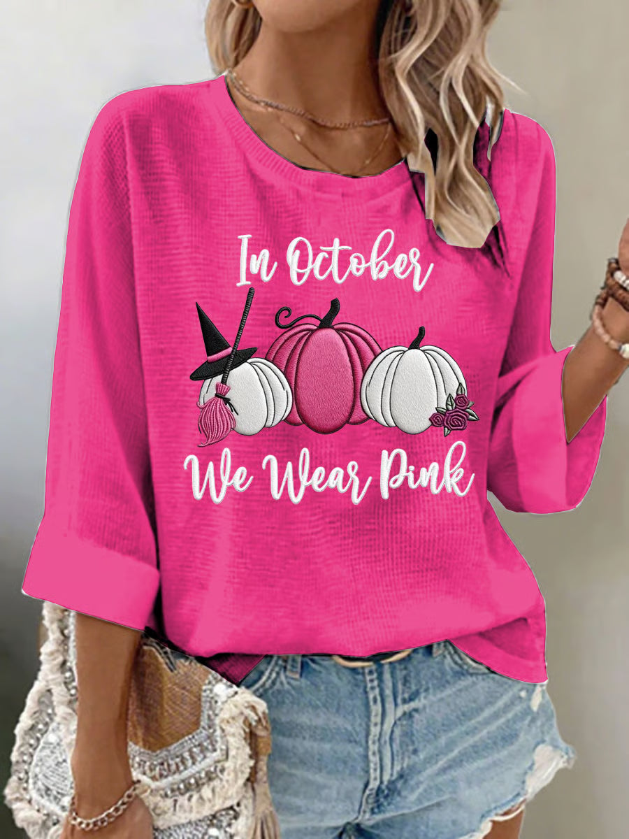 Women's casual pink pumpkin waffle long-sleeved T-shirt