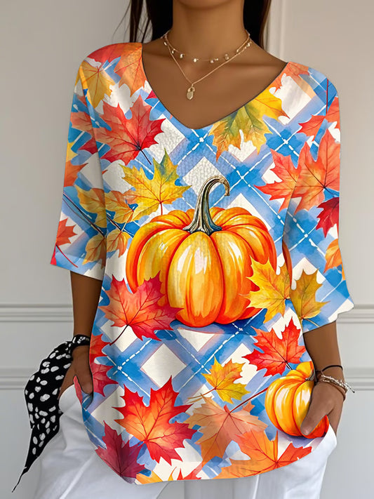 Women's Casual Autumn Plaid Pumpkin V-Neck T-Shirt