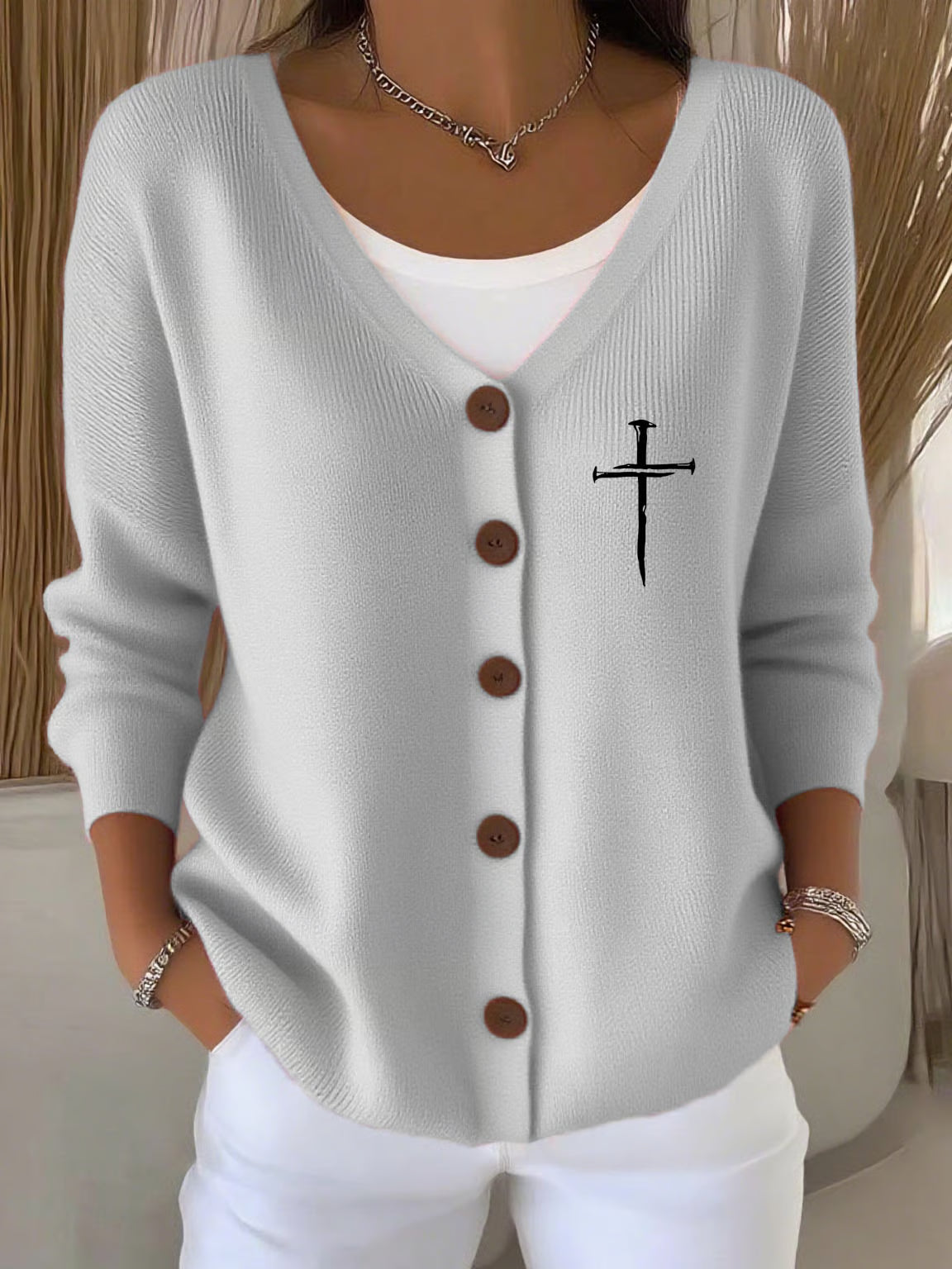 Women'S Faith Cross Print knitted cardigan