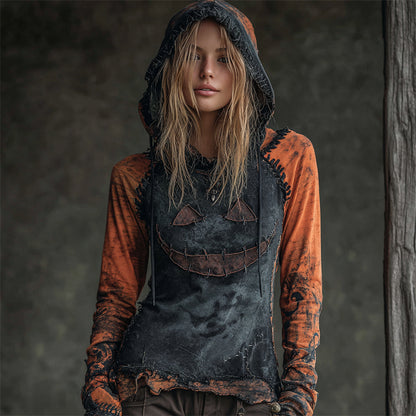 Halloween Spooky Face Contrast Stitched Washed Hoodie