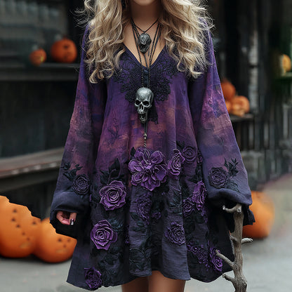 Women's Vintage Halloween Purple Rose Art Comfy Linen Mini Dress