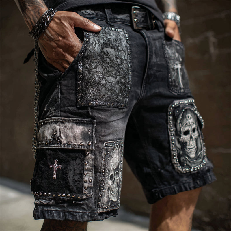 Men's Skulls & Cross Rock Patchwork Studded Washed Cargo Shorts