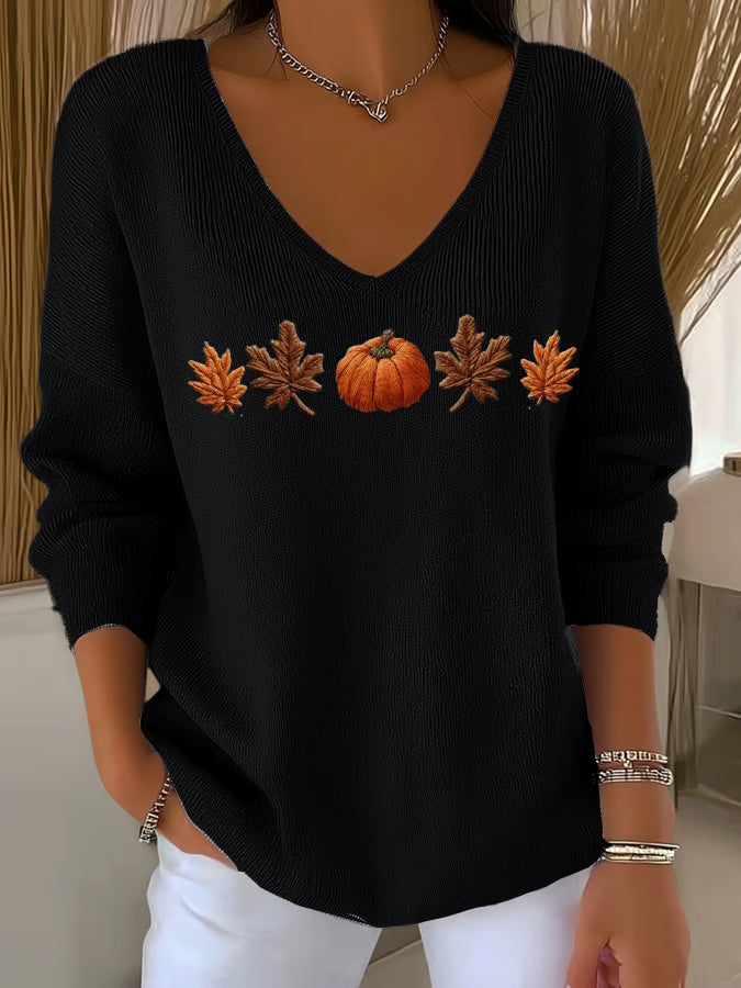 Women's Casual Autumn Maple Leaf Pumpkin Striped Long-Sleeved V-Neck Top