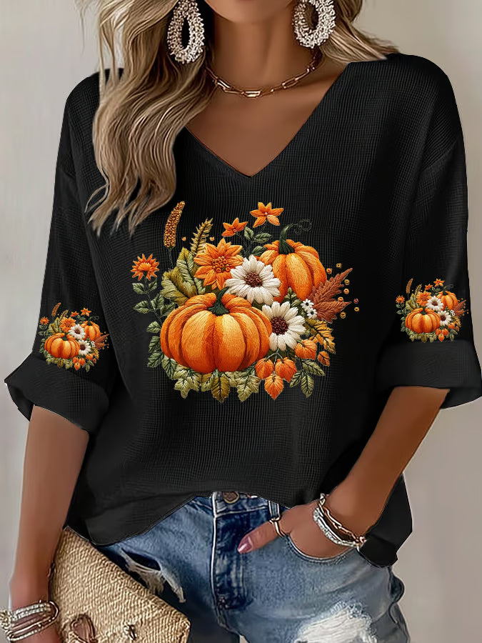 Women's Casual Autumn Pumpkin Waffle Long Sleeve T-shirt