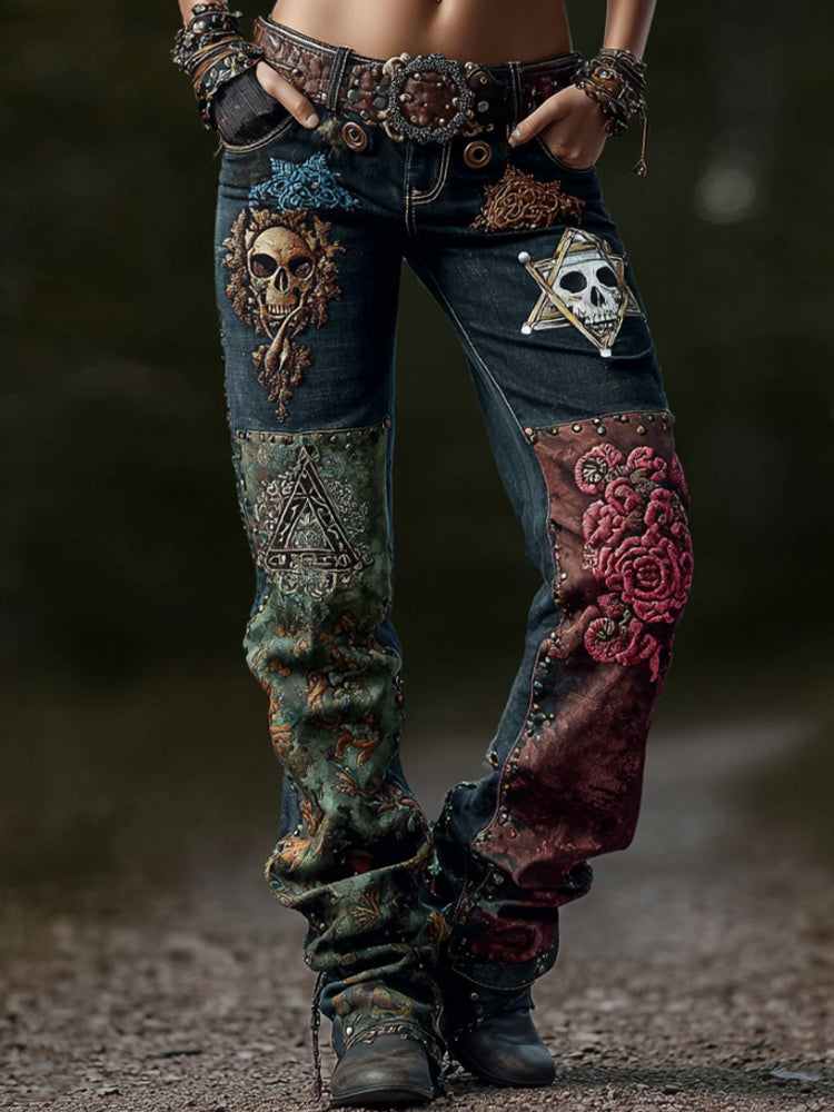 Women's Viking-style Celtic Triangle Vintage Long-sleeved Jeans