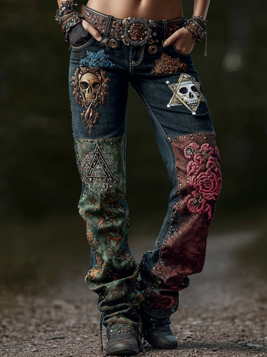 Women's Viking-style Celtic Triangle Vintage Long-sleeved Jeans