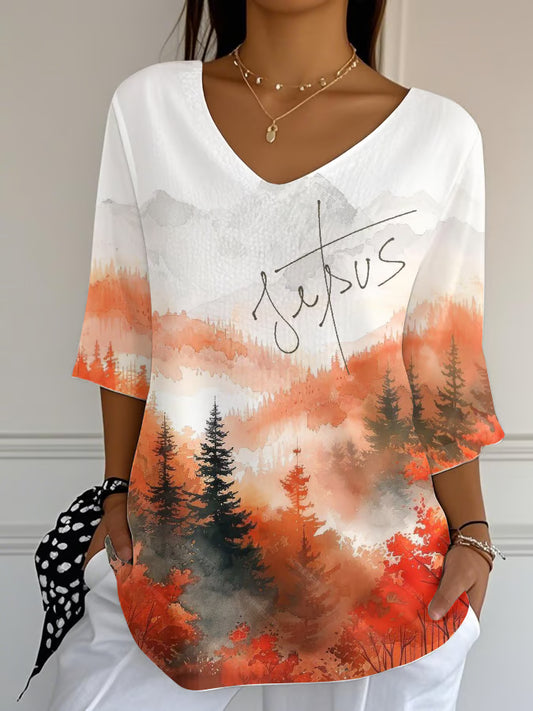 Women'S Casual Autumn Red Maple Leaf Forest Jesus Faith Print V-Neck T-Shirt