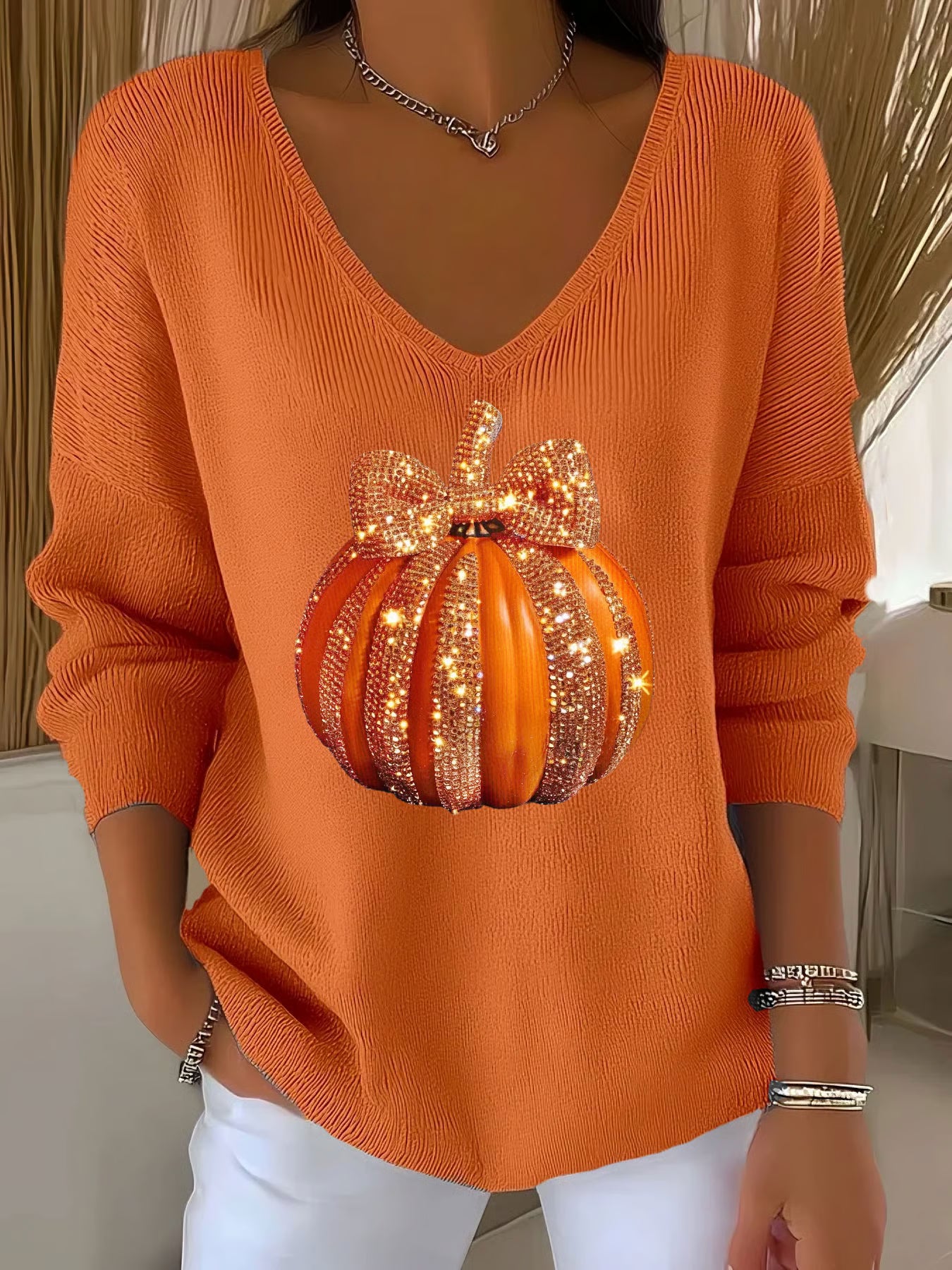 Women's Autumn Sequin Pumpkin Print V-Neck T-Shirt