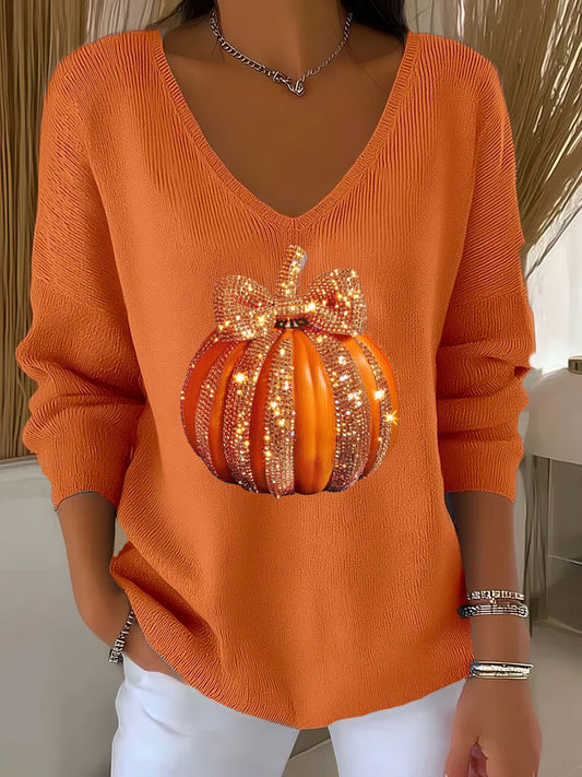 Women's Autumn Sequin Pumpkin Print V-Neck T-Shirt