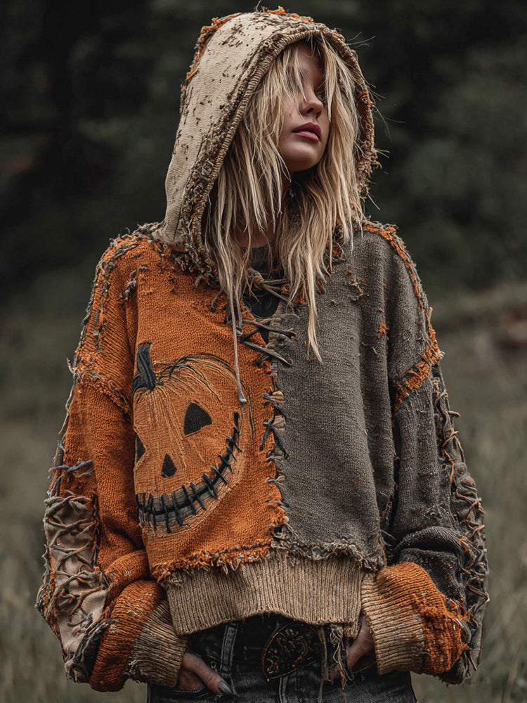 Halloween Pumpkin Face Patchwork Design Cozy Knit Hooded Sweater