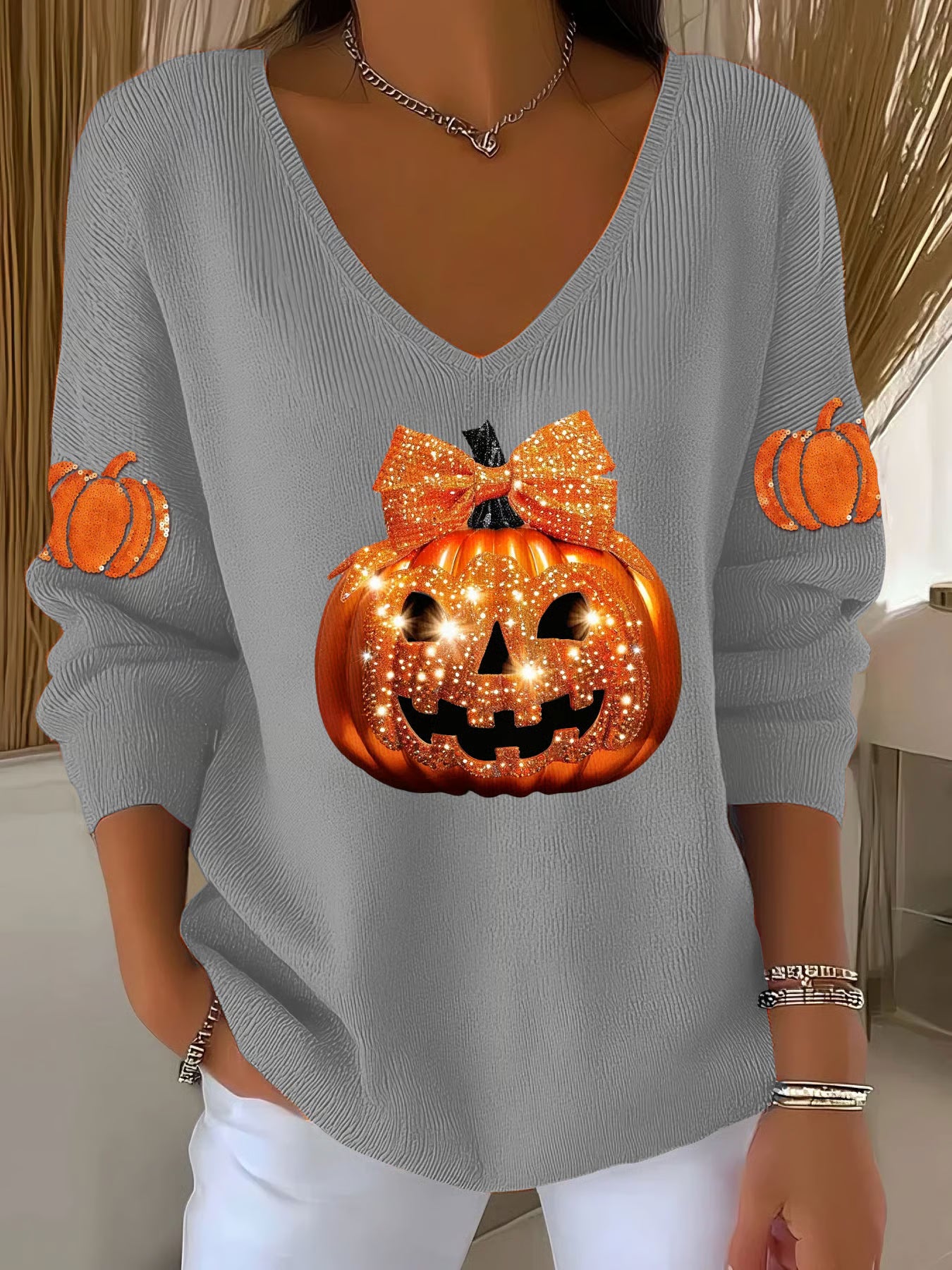 Women's Autumn Halloween Sequined Pumpkin Print V-Neck T-Shirt