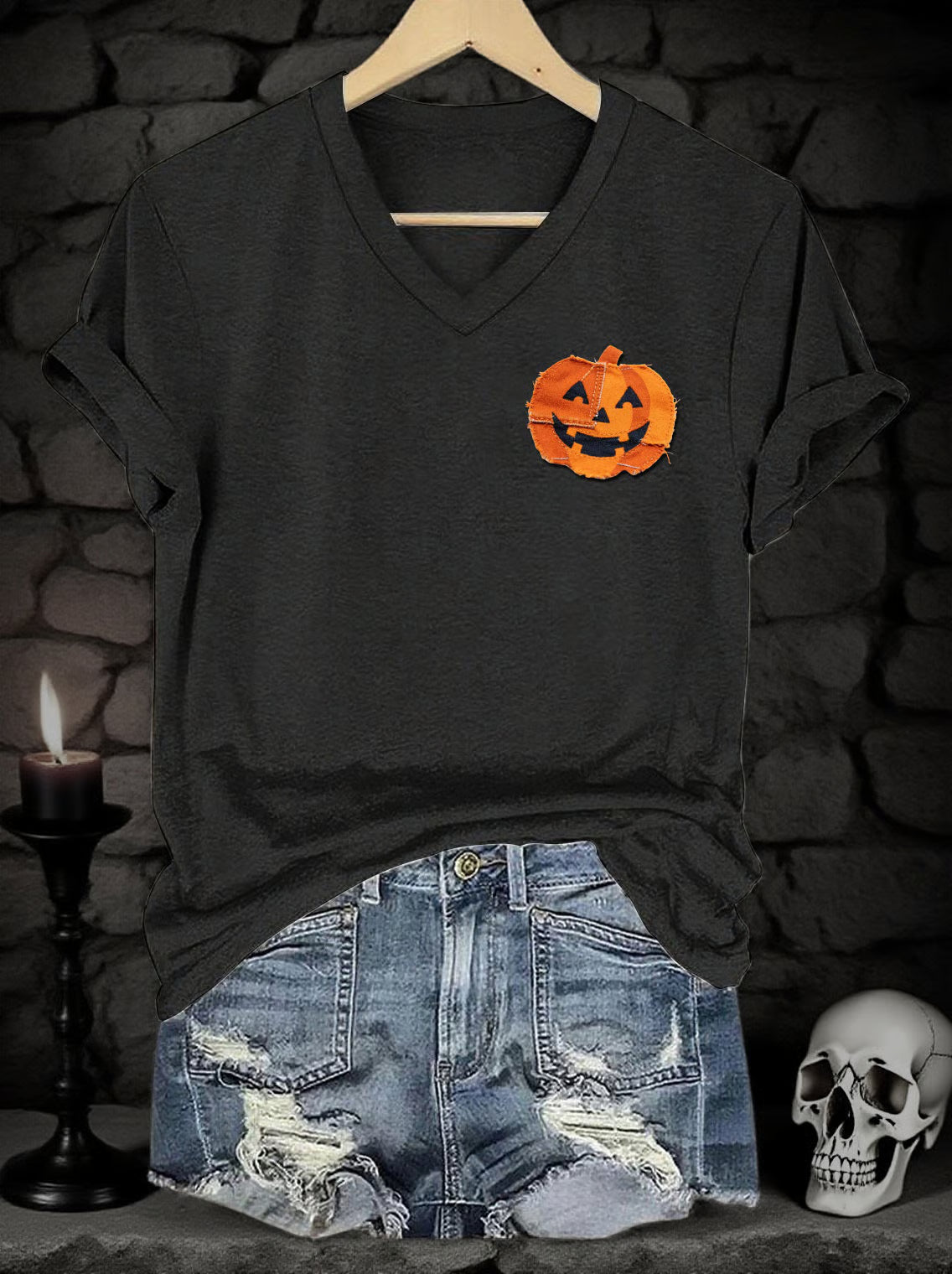 Women's Halloween Denim Patchwork Pumpkin Face Print V-Neck Short Sleeve T-Shirt