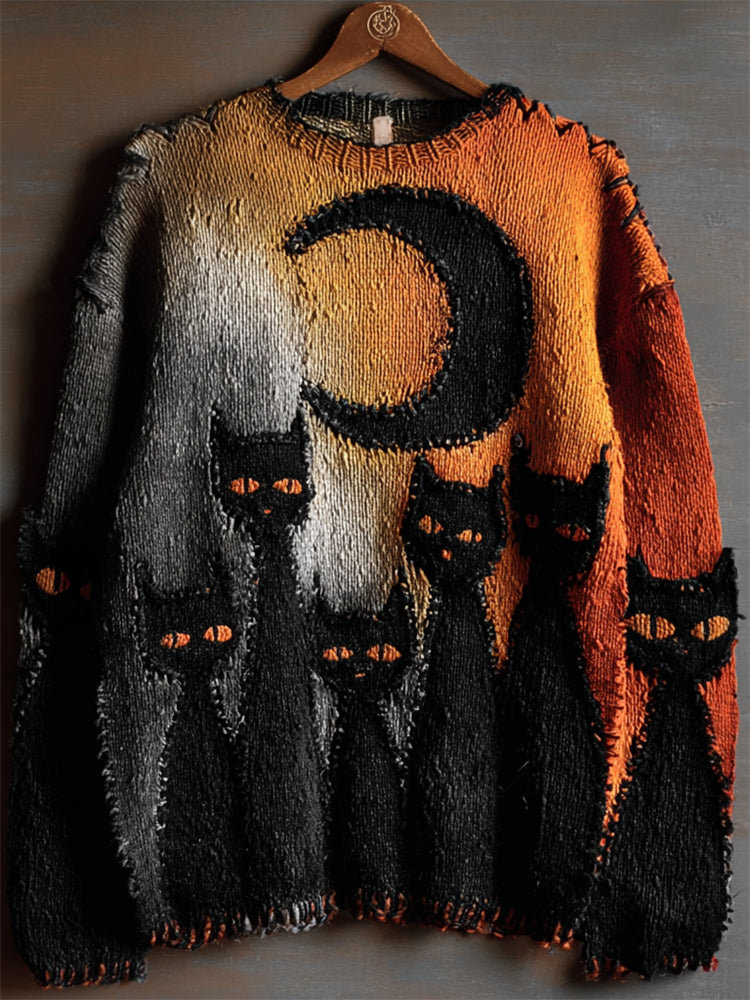 Halloween Night Black Cats Gradient Cozy Knit Sweater