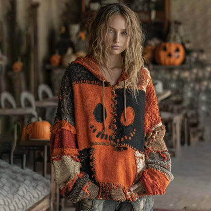 Halloween Spooky Face Patchwork Stitched Cozy Knit Hooded
