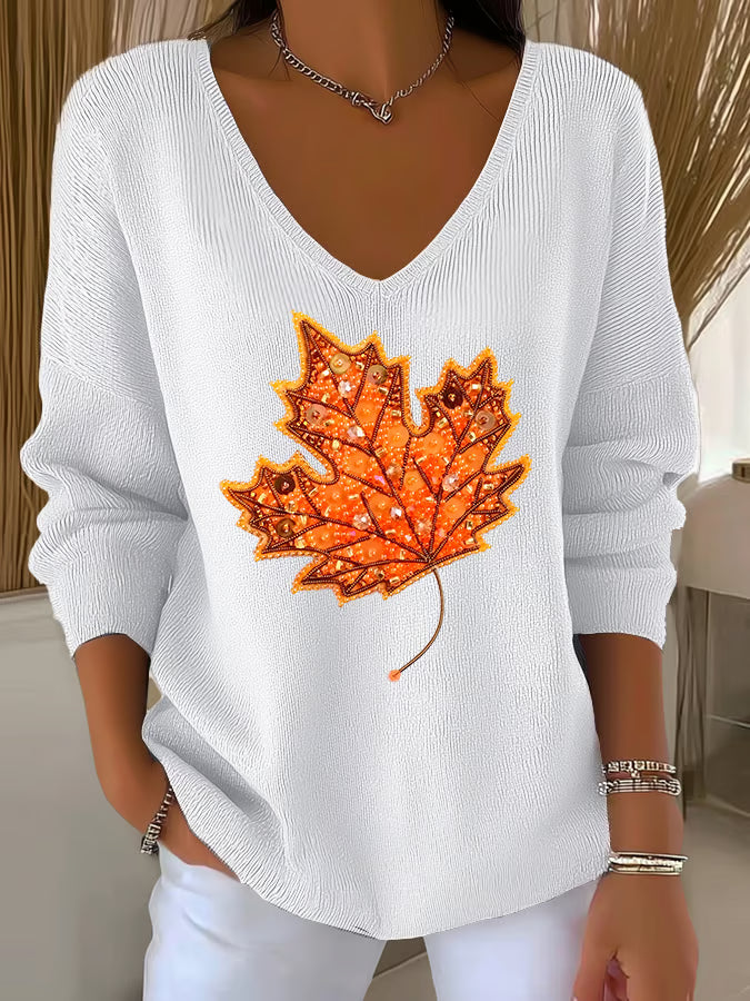 Women's casual autumn maple leaf striped top