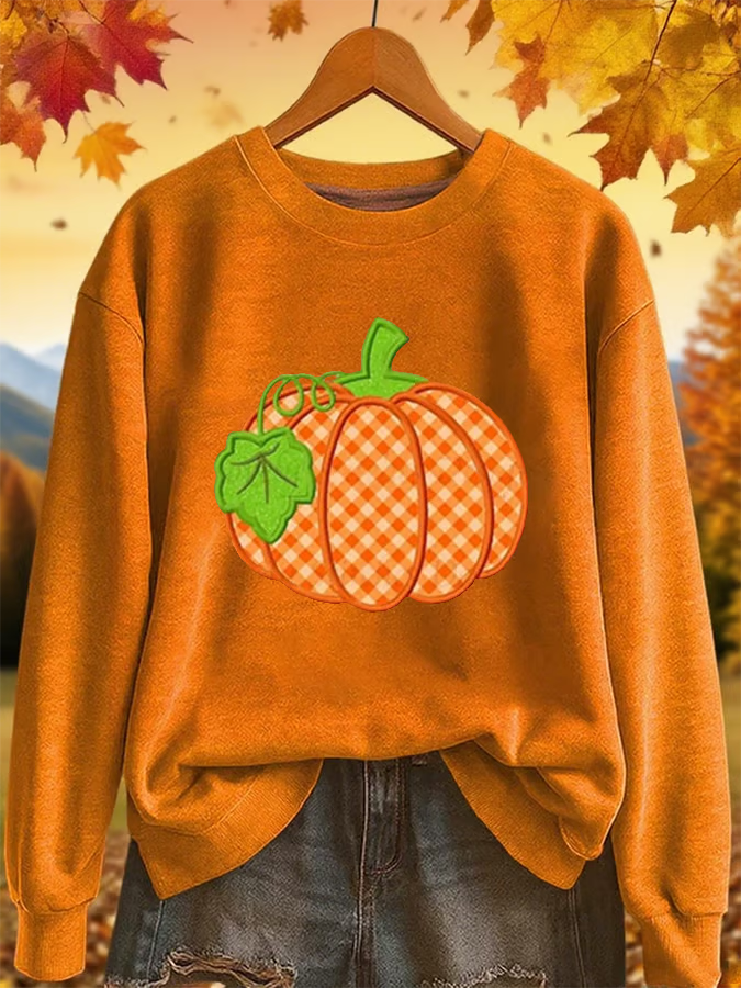 Women's Casual Autumn Plaid Pumpkin Print Sweatshirt