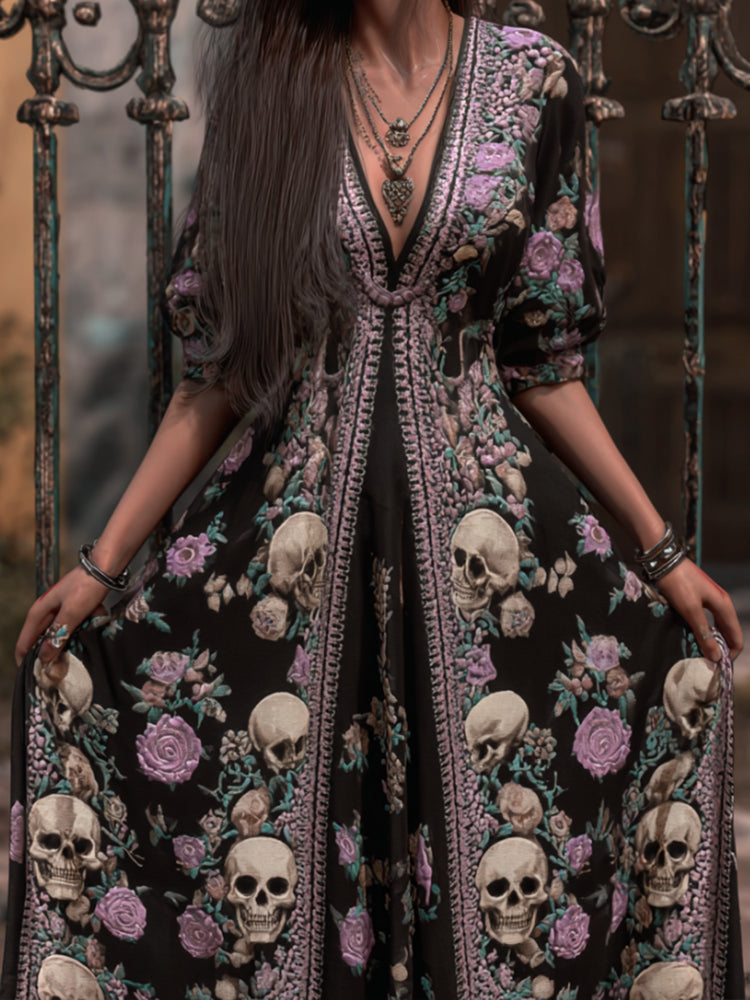 Women's Skull Print Pattern V-neck Long Dress