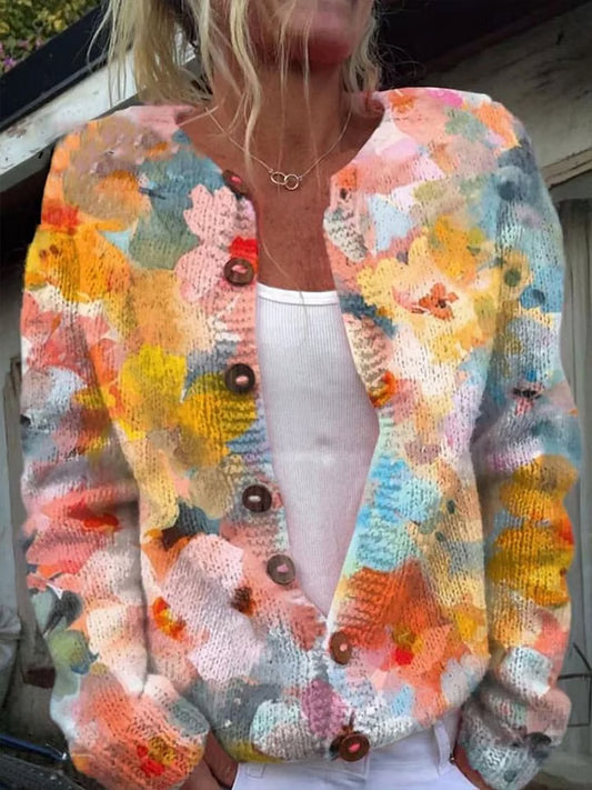 Women's Autumn Art  Printing Flowers Knit Cardigan