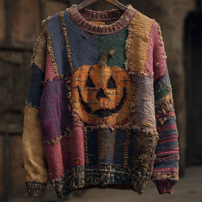 Vintage Spooky Pumpkin Face Embroidered Patchwork Knitted Sweater