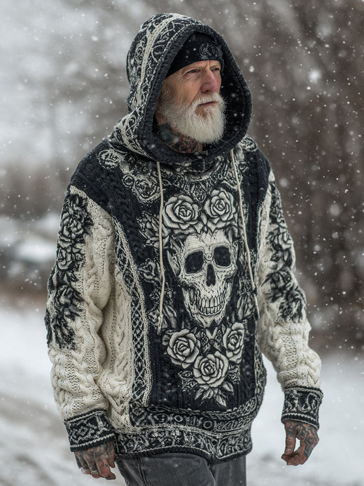 Men's Viking Tribal Jacquard Celtic With Rose And Skull Inspired Chunky Knit Hooded Sweater