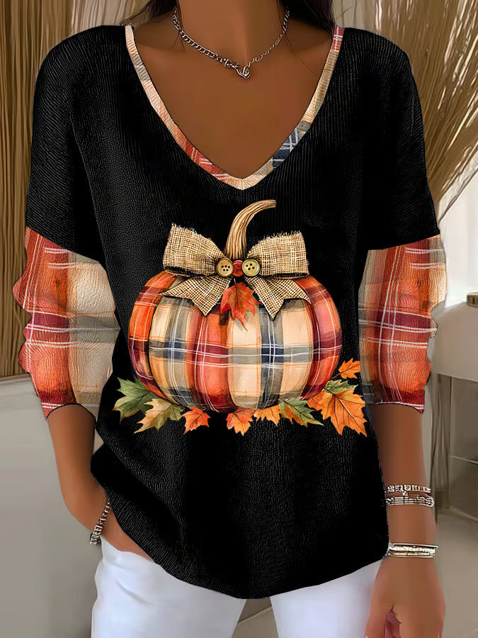 Women's Pumpkin Season Print V Neck Sweater