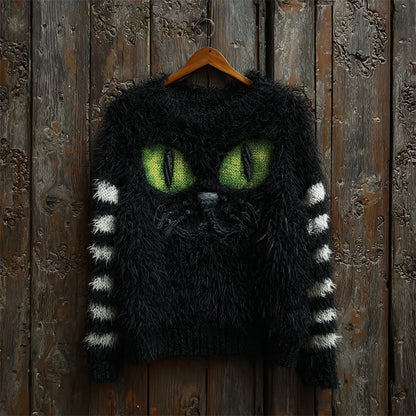 Halloween Fuzzy Black Cat Striped Cozy Knit Sweater