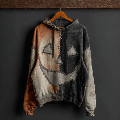 Halloween Pumpkin Face Contrast Patchwork Washed Hoodie