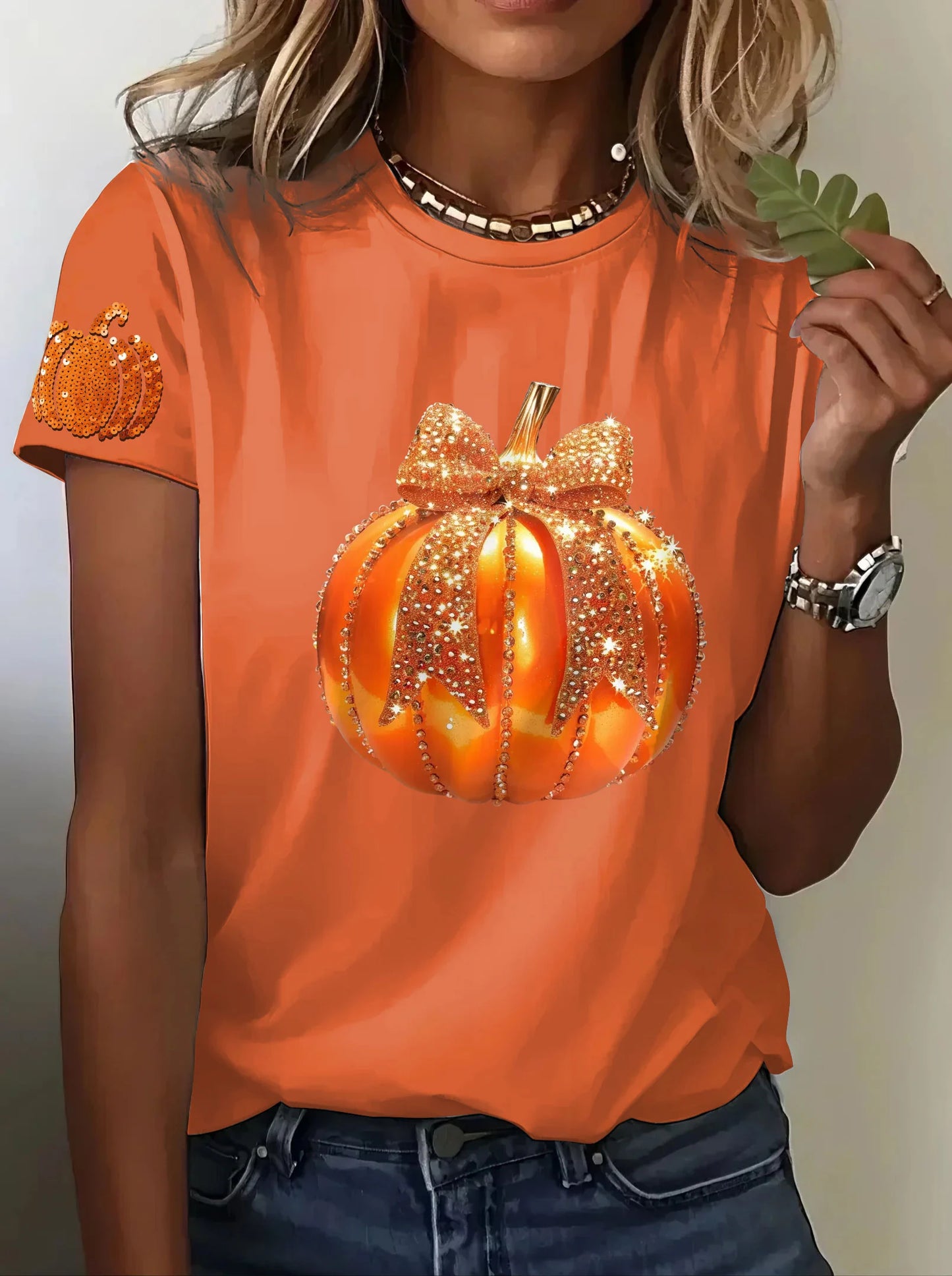 Women's Autumn Sequined Pumpkin Print Crew Neck Short Sleeve T-shirt