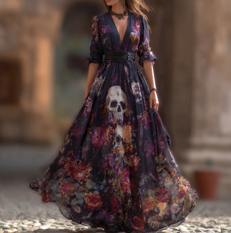 Halloween Theme Rose And Skull Pattern Women's V-neck Long Dress