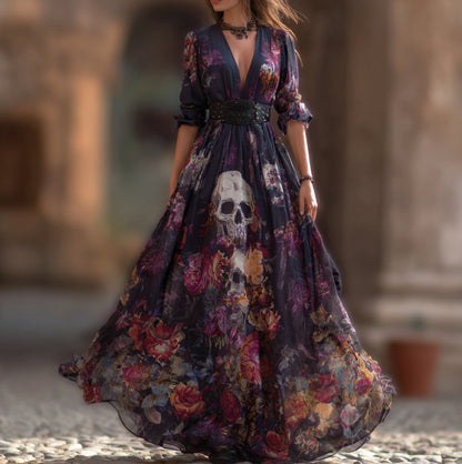 Halloween Theme Rose And Skull Pattern Women's V-neck Long Dress