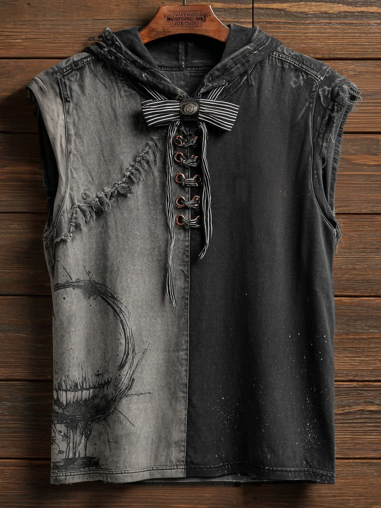 Halloween Skull Face Pattern Stitching Washed Men's Sleeveless Hoodie