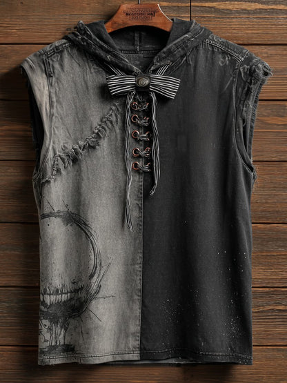 Halloween Skull Face Pattern Stitching Washed Men's Sleeveless Hoodie