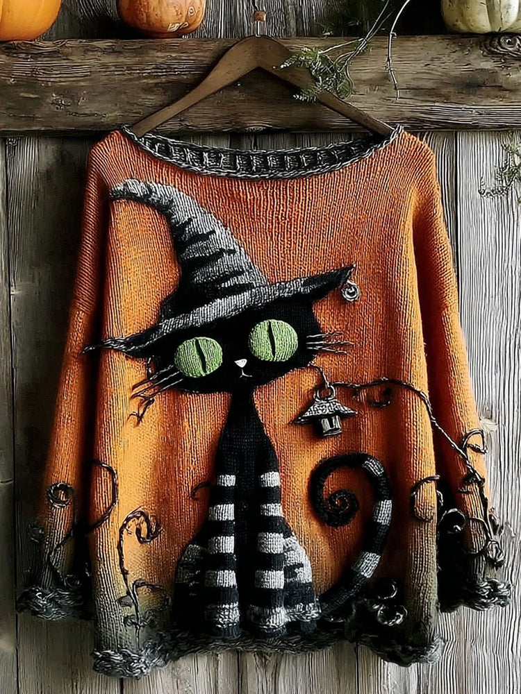Halloween Black Cat Knitted Crew Neck Sweater