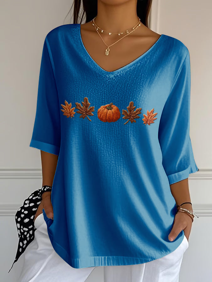 Women's Casual Autumn Pumpkin Stripe Bubble Wrinkle Three-quarter Sleeve T-shirt