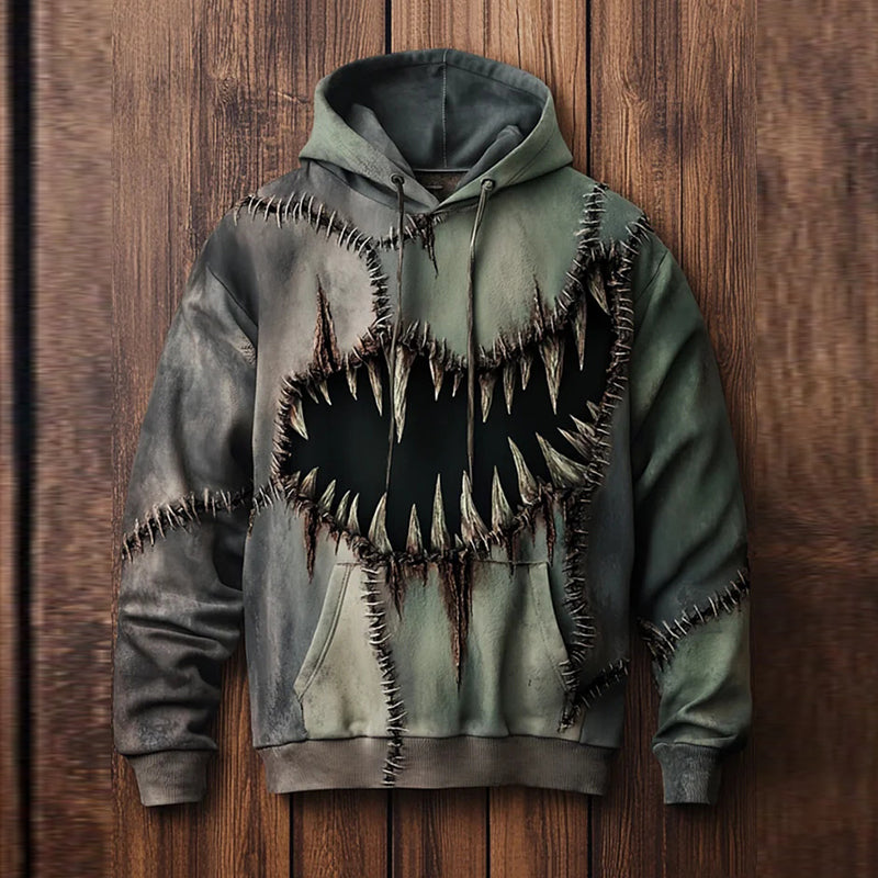 Men's Retro Halloween Dark Mouth Stitching Patchwork Colorblocking Art Print Hooded Sweatshirt
