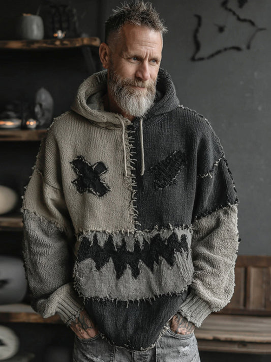 Men's Halloween Spooky Face Colorblock Stitched Hooded Cozy Knit Sweater