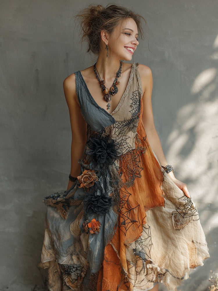 Women's Halloween Floral And Spider Web Sleeveless Dress