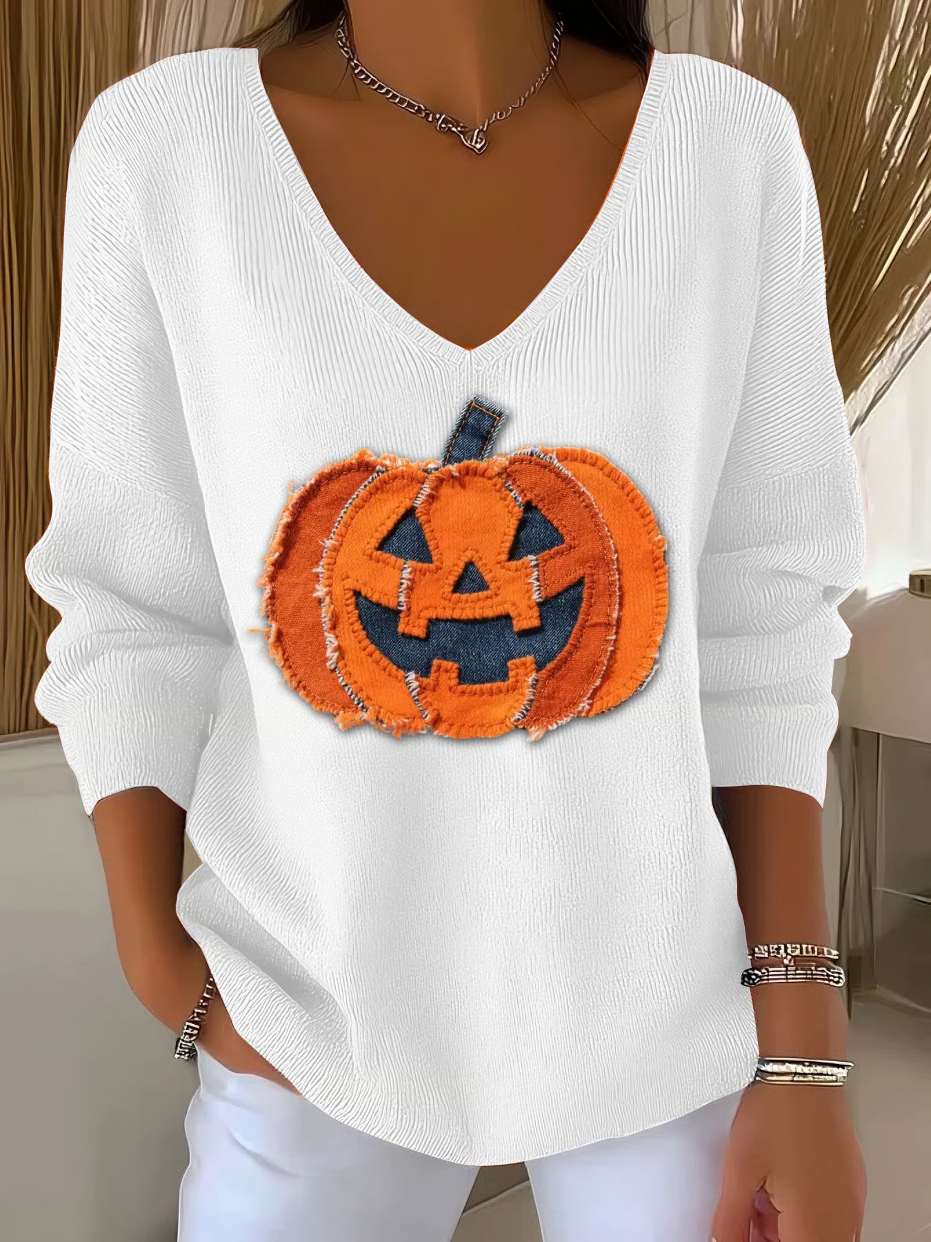 Women's Halloween Denim Patchwork Pumpkin Face Print V-Neck T-Shirt
