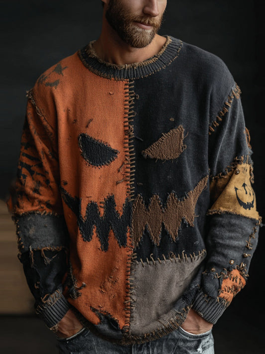 Men's Halloween Spooky Face Colorblock Stitched Cozy Knit Sweater