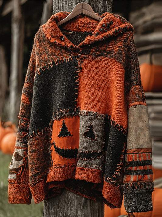 Vintage Patchwork Halloween Pumpkin Face Art Cozy Knit Hooded Sweater
