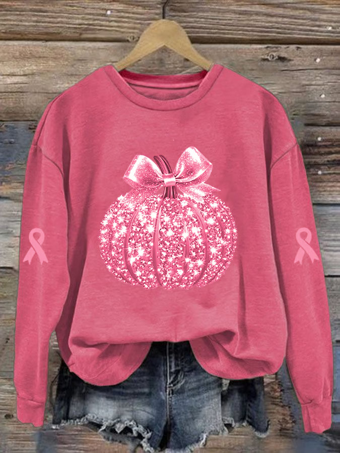 Women's Breast Cancer Sequin Pumpkin Print Crew Neck Sweatshirt
