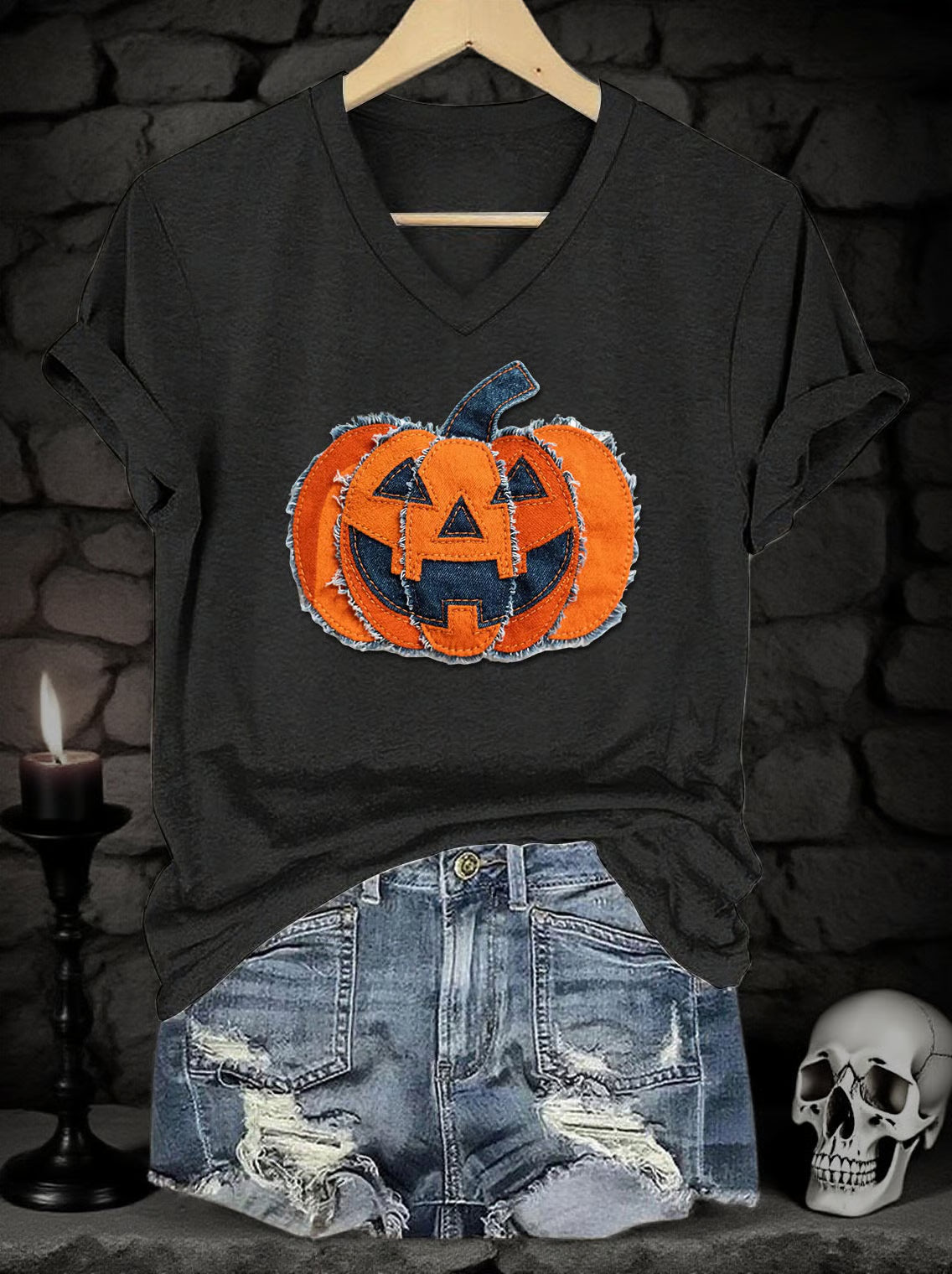 Women's Halloween Denim Patchwork Pumpkin Face Print V-Neck Short Sleeve T-Shirt