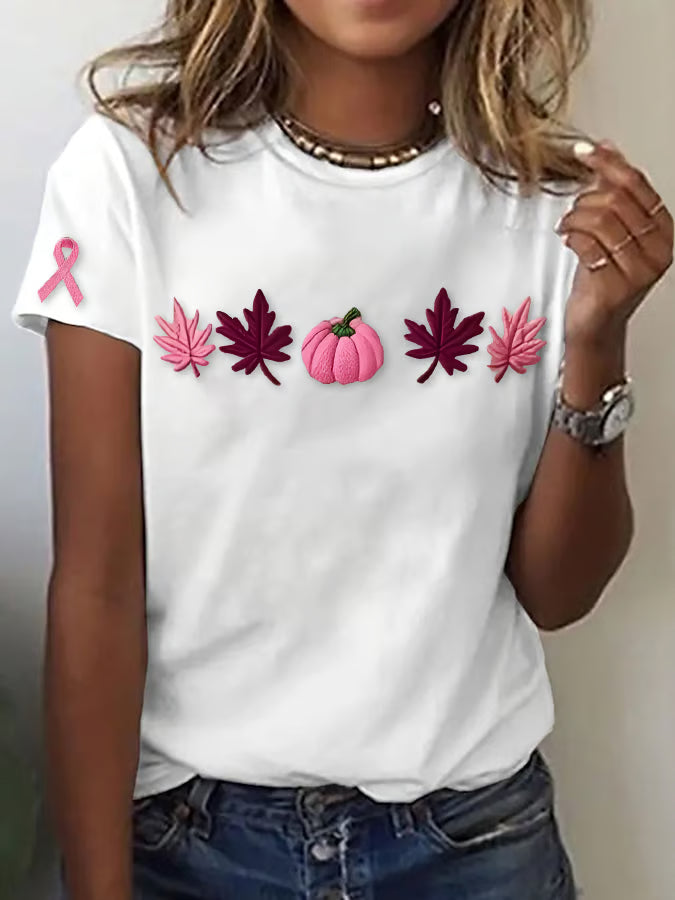 Women's casual pink maple leaf pumpkin T-shirt
