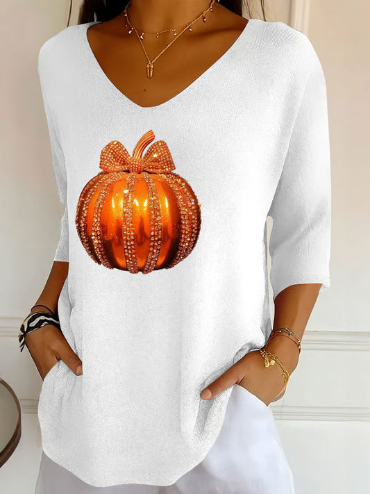 Women's Autumn Sequin Pumpkin Print V-Neck T-Shirt