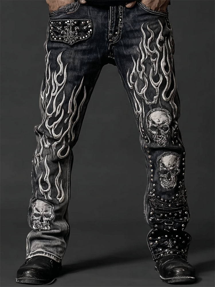 Men's Skulls On Flame Rock Studded Washed Jeans