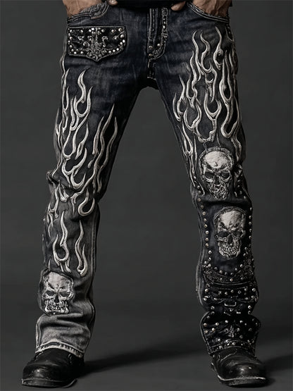 Men's Skulls On Flame Rock Studded Washed Jeans