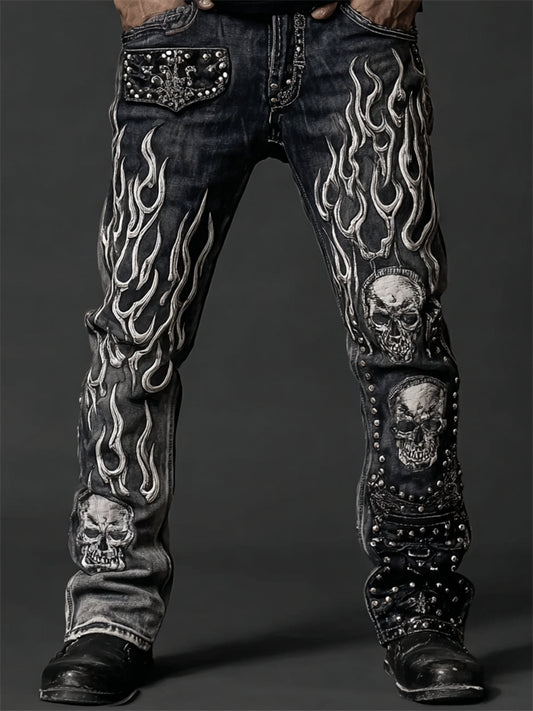 Men's Skulls On Flame Rock Studded Washed Jeans