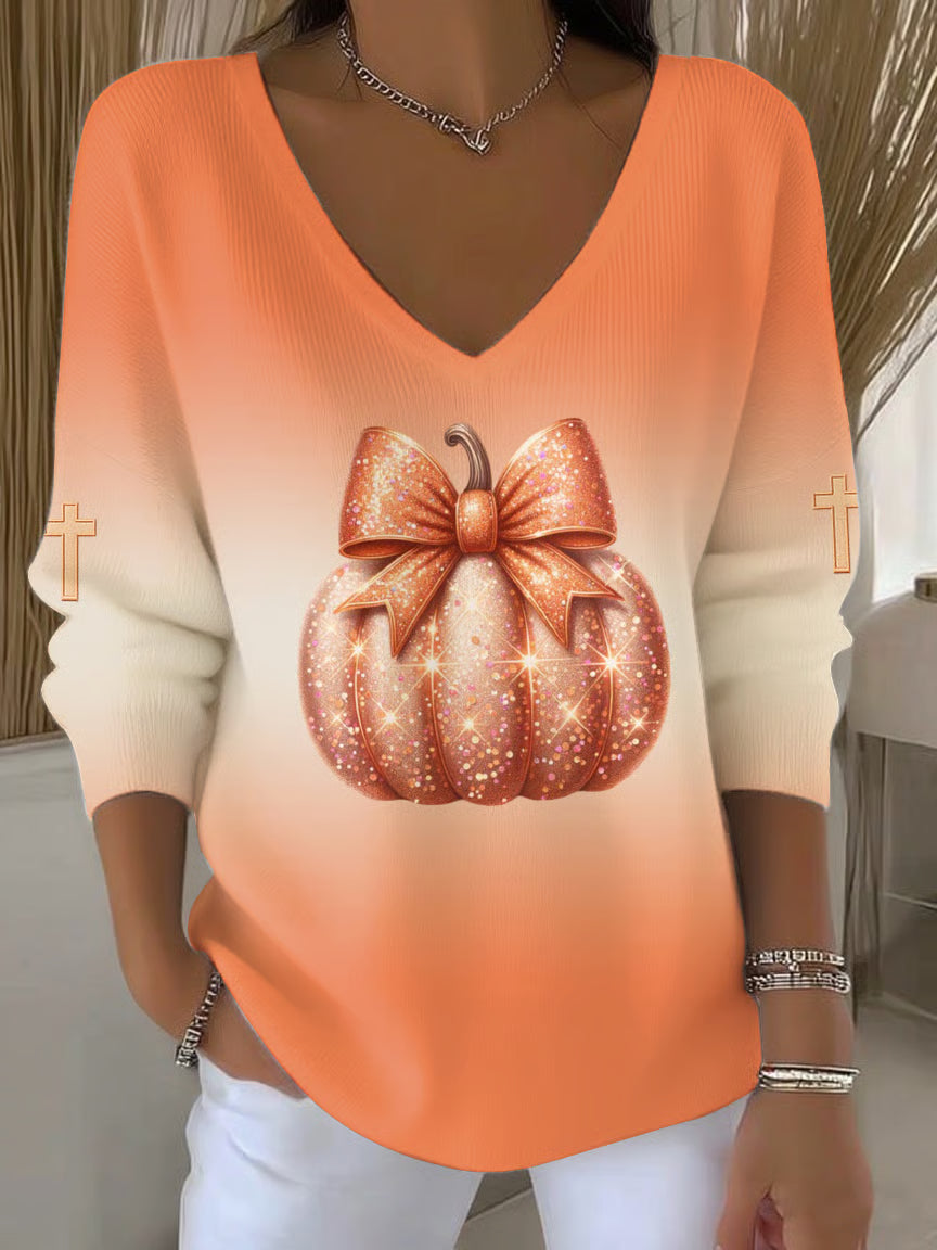 Women's Pumpkin Print Casual Knit Top