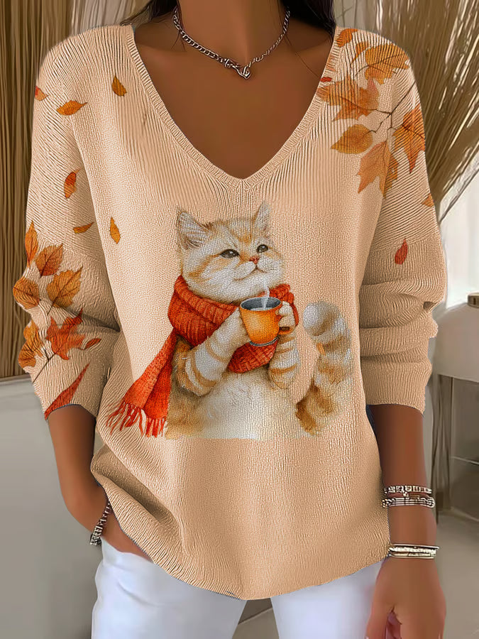 Women's Casual Autumn Animal Cat-Striped Long-Sleeved Top