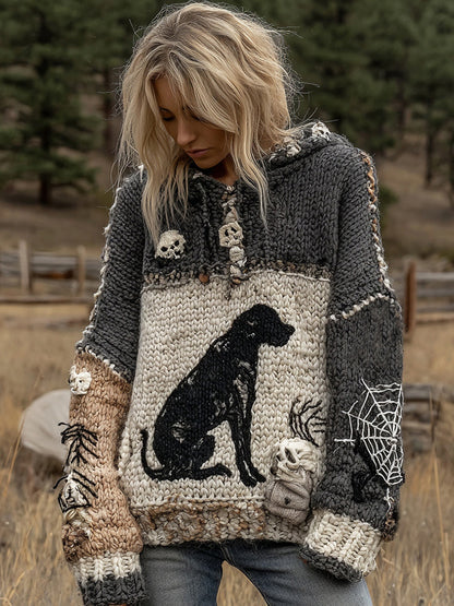 Vintage Dog Horror Spider Web Cozy Knit Hooded Sweater